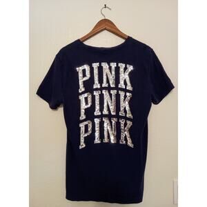 Victoria’s Secret PINK Bling Tee Campus Short Sleeve Pocket Shirt Blue SZ S